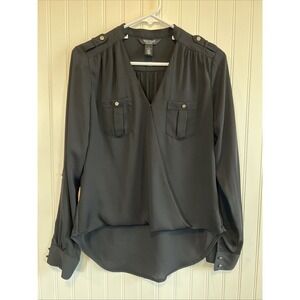 White House/Black Market Womens Black Surplice Top Roll Tab Sleeve 4 Hi-Low